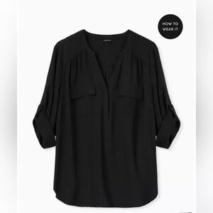torrid Black Split V-Neck Tunic with Roll-Tab Sleeves
